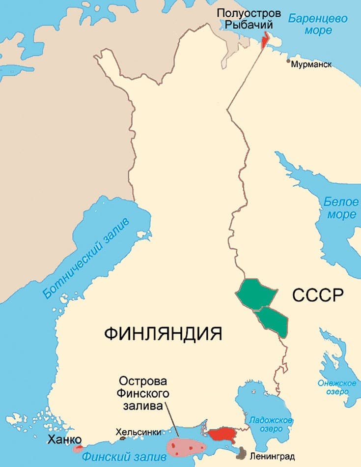 Советское предложение обмена территориями: Советские претензии на финские территории (красным) | Компенсация, предложенная СССР финнам (зеленым)