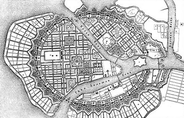 Генеральный план 1717 года, предложенный Жаном Леблоном, предполагал превратить город в огромную крепость с упором на Васильевский остров.