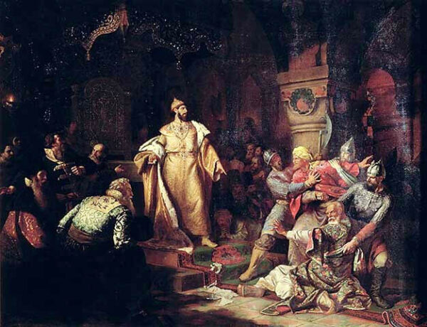 «Иоанн III свергает татарское иго, разрывает ханскую грамоту и приказывает умертвить послов». Николай Шустов (1862)